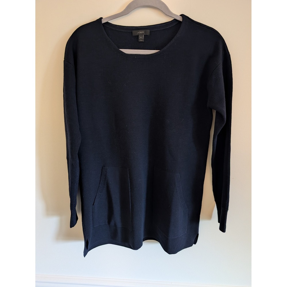 J.Crew Womens Navy Blue 100% Merino Wool Tunic Sweater Pocket Size Small preppy